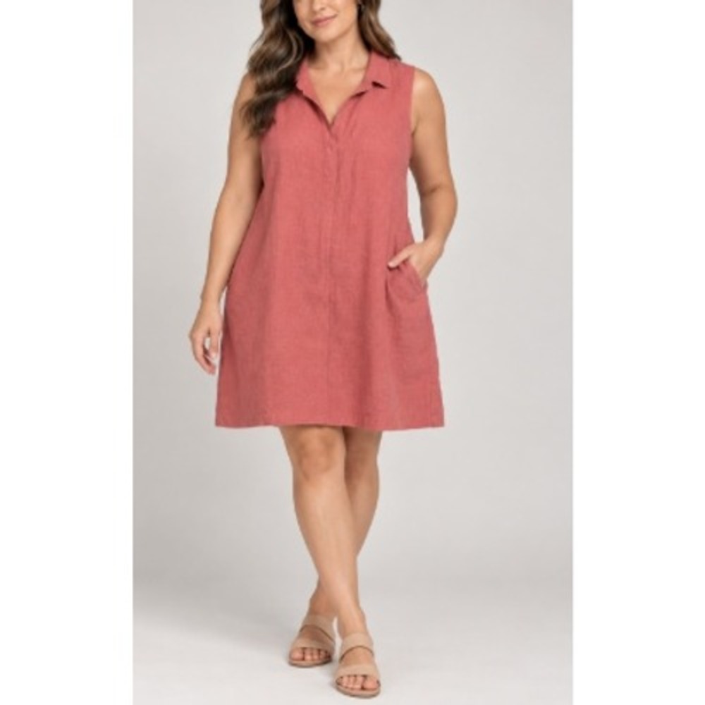 C&C California Women's Coral Pink Linen Sleeveless Pocket Shift Dress Size 14